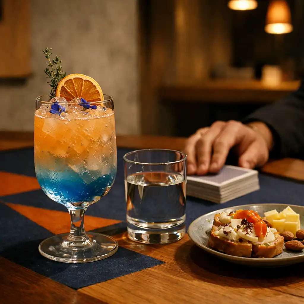 Kreatív koktél és megosztható falatok egy valódi pókerasztal mellett